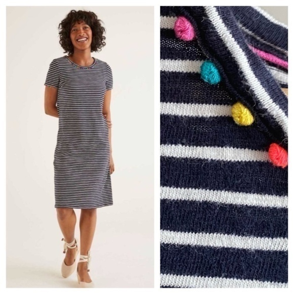 Boden Navy Blue White Stripe Colorful Pom Pom T-shirt Charlie Dress 6 Long